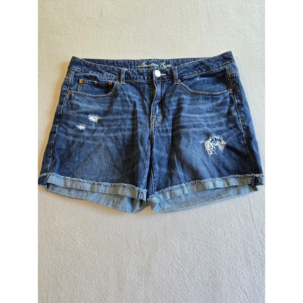 American Eagle Denim Short Women 12 Dark Wash Distressed Raw Cuffed Hem Mid Rise